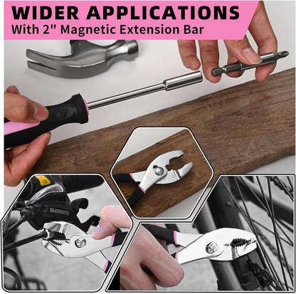 144-Piece General Household Hand Tool Kit with Plastic Toolbox Pink | Basic General Hand Tool Kit, Household Tool Set, for Home Repair, Office & College Dormitory Use, Daily Use for Women