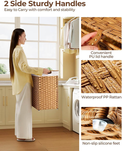 Greenstell Laundry Hamper with 2 Removable Liner Bags, Foldable Divided Clothes Hamper, 90L Handwoven Rattan Laundry Basket with Lid and Handles, No Assembly Needed, 18.3x13.3x24 Inches, Black