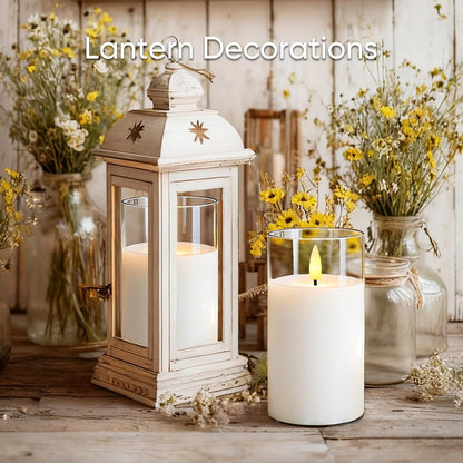 5plots Glass Battery Operated White Flameless Candles with Remote Timer, 3D Wick Real Wax Pillar Led Candles Warm Flickering Light for Indoor Home, Halloween, Christmas Decor, Set of 3, D3 x H4 5" 6"