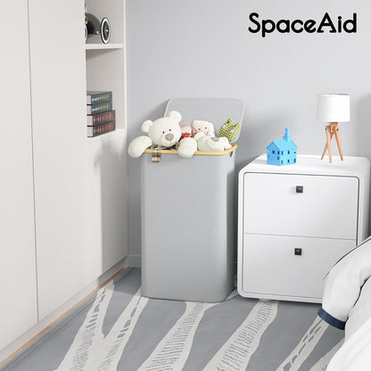 SpaceAid Double Laundry Hamper 2 Section with Lid and Removable Laundry Bags, 160L Clothes Basket with Bamboo Handles, Large Collapsible Hamper for Bedroom, Bathroom, Dorm, Laundry Room - White