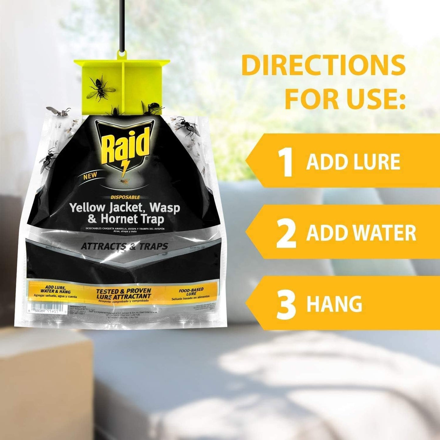 Raid Yellow Jacket, Wasp & Hornet Trap, 6 Pack, Disposable, Convenient, Hanging Fly Trap Bags with Food-Based Lure, No-Spray Outdoor Fly Traps Suitable Defense for Yards, Patios & Campsites