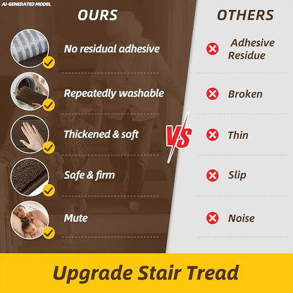 JSEI Stair Treads for Wooden Steps Indoor, 15-Pack Non Slip Stair Treads 30" x 8", Washable Polyester Stair Mats with TPE Backing, Low Profile Stair Rugs for Kids, Seniors and Dogs, Brown