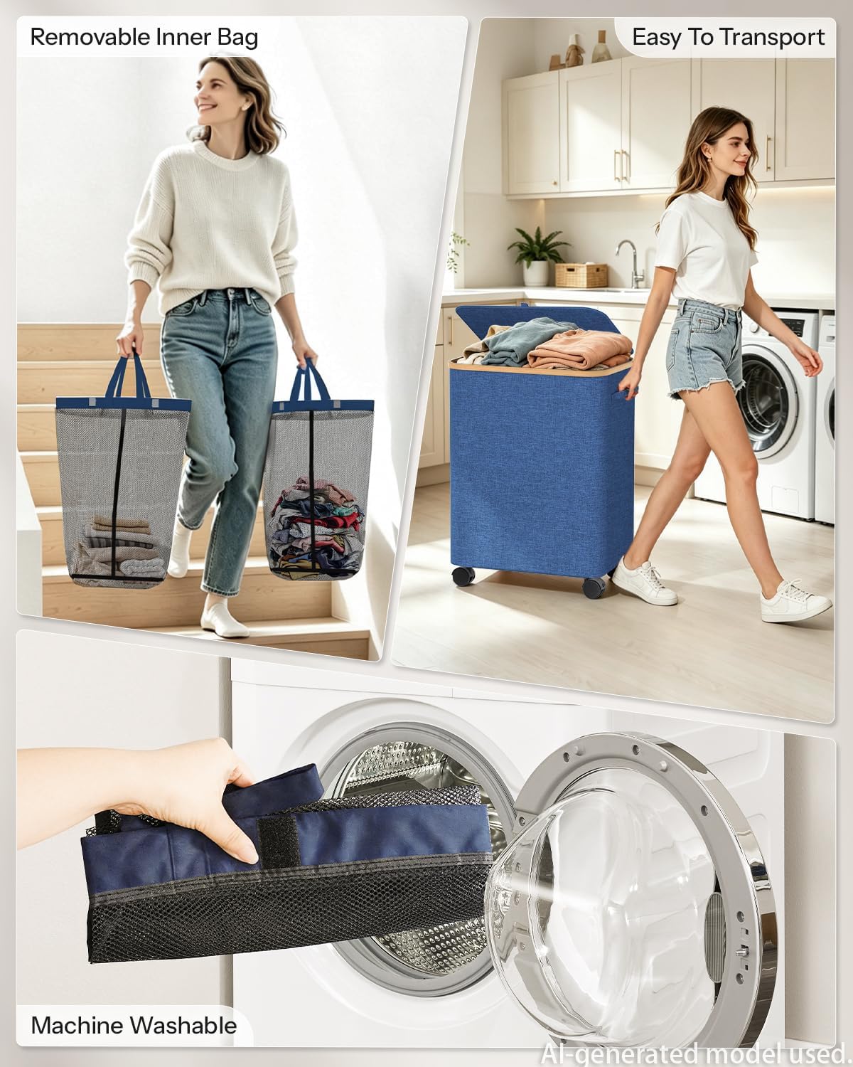 Double Laundry Hamper with Lid and Wheels, 150L Large Laundry Basket with 2 Sections & Removable Liner Bags, Rolling Dirty Clothes Basket with Handles for Bedroom, Bathroom, Dorm, College