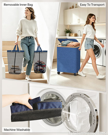 Double Laundry Hamper with Lid and Wheels, 150L Large Laundry Basket with 2 Sections & Removable Liner Bags, Rolling Dirty Clothes Basket with Handles for Bedroom, Bathroom, Dorm, College