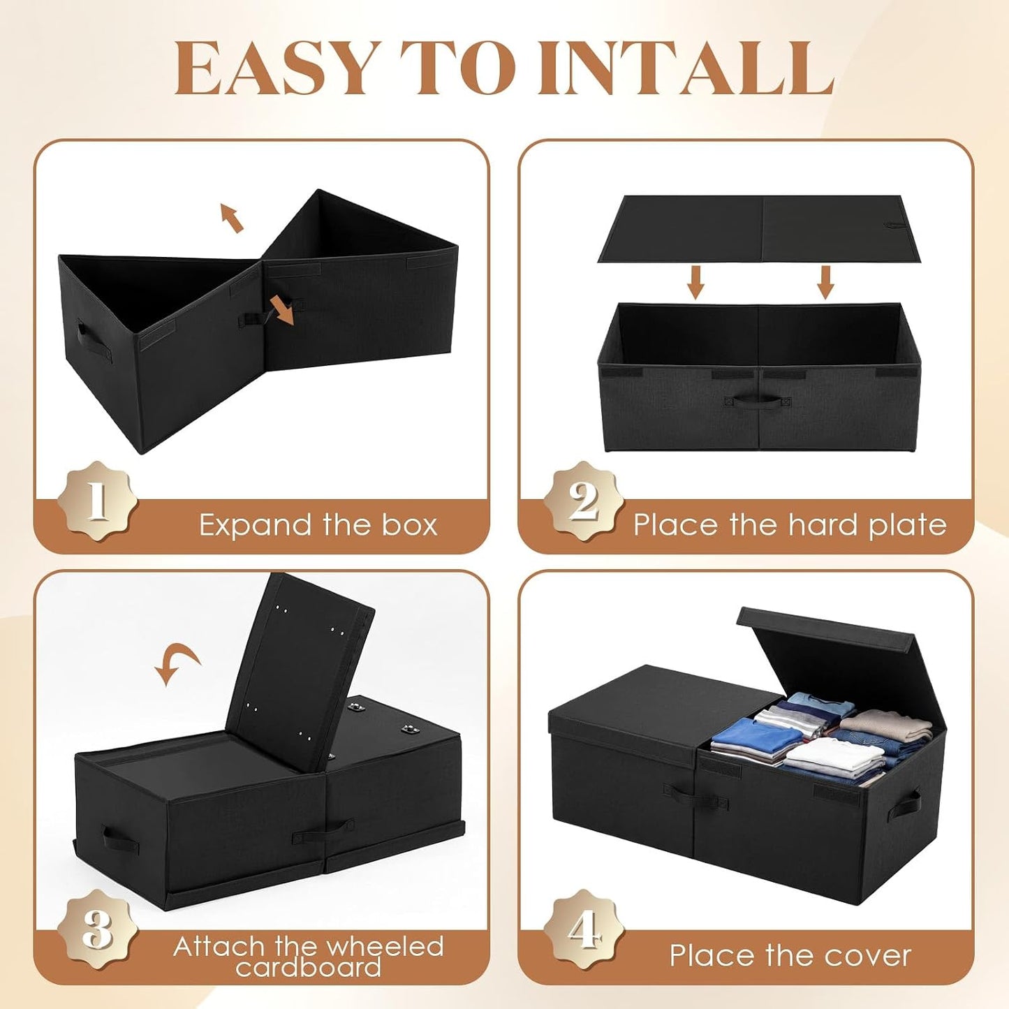 Geelin 4 Pack Under Bed Storage with Wheels, 10 Inch Height 65L Large Capacity Foldable Underbed Storage Bins with Lids & Handles, Easy Assembly Rolling Under Bed Containers for Clothes Blankets Shoes