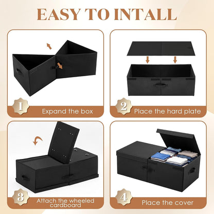 Geelin 4 Pack Under Bed Storage with Wheels, 10 Inch Height 65L Large Capacity Foldable Underbed Storage Bins with Lids & Handles, Easy Assembly Rolling Under Bed Containers for Clothes Blankets Shoes