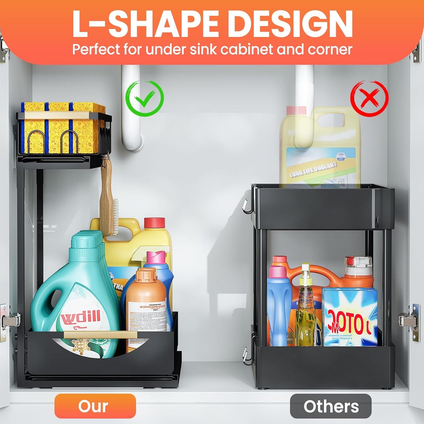 Under Sink Organizer and Storage for Bathroom and Kitchen - 2 Pack 3 Tier Under Cabinet Pull Out Shelf Organizers - Slide Out Drawer Organization for Home Cabinets Shelves and Drawers