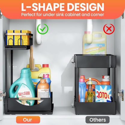 Under Sink Organizer and Storage for Bathroom and Kitchen - 2 Pack 3 Tier Under Cabinet Pull Out Shelf Organizers - Slide Out Drawer Organization for Home Cabinets Shelves and Drawers