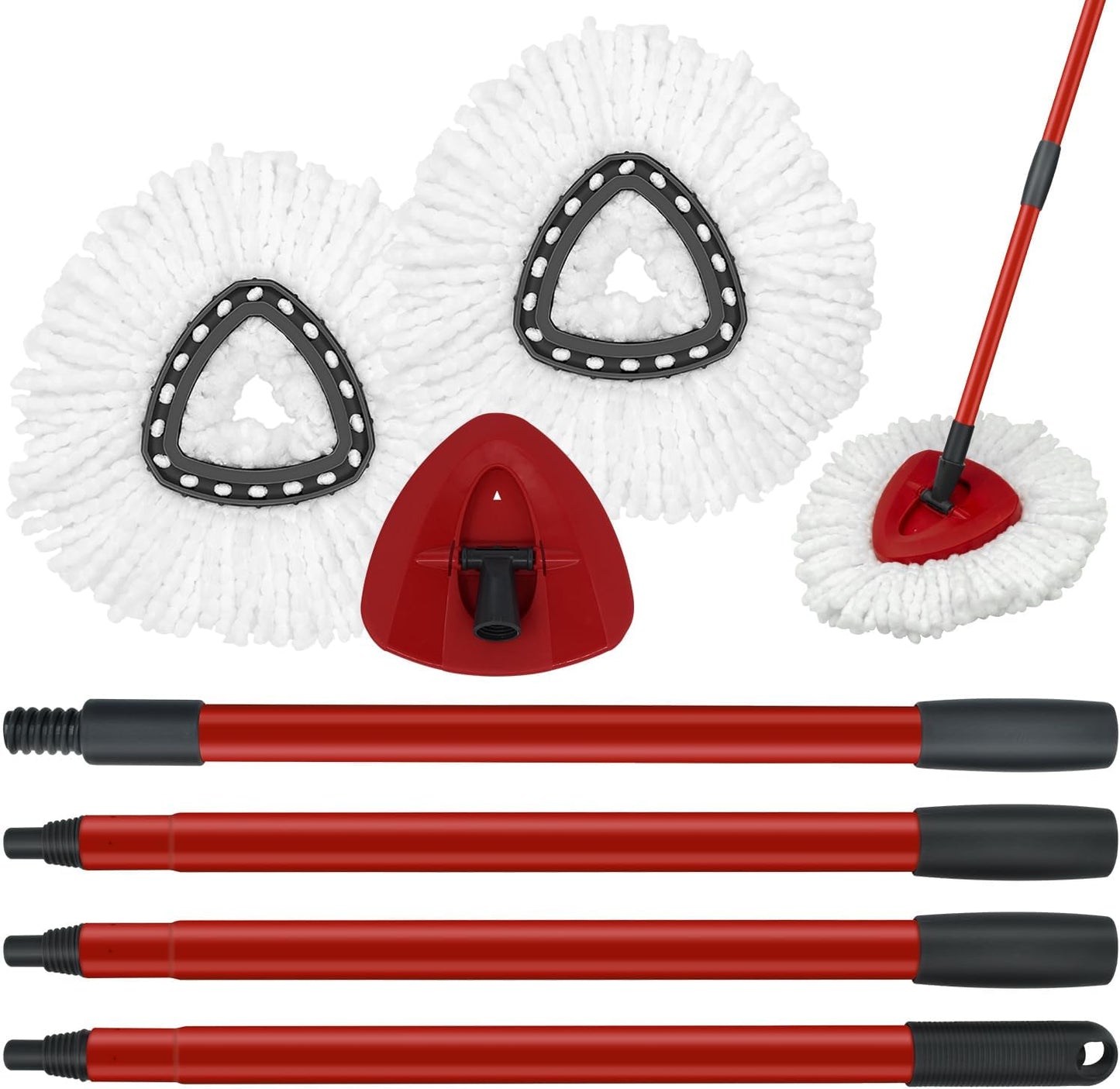 Mop Replace Heads Mop Handle and Base Replacement for O Cedar EasyWring 1-Tank Spin Mop System, 2 Microfiber Mops Refills, 4-Section Iron Mop Handle 30-58Inch and 1 Mopping Heads Cover Set (No Bucket)