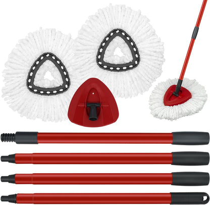 Mop Replace Heads Mop Handle and Base Replacement for O Cedar EasyWring 1-Tank Spin Mop System, 2 Microfiber Mops Refills, 4-Section Iron Mop Handle 30-58Inch and 1 Mopping Heads Cover Set (No Bucket)