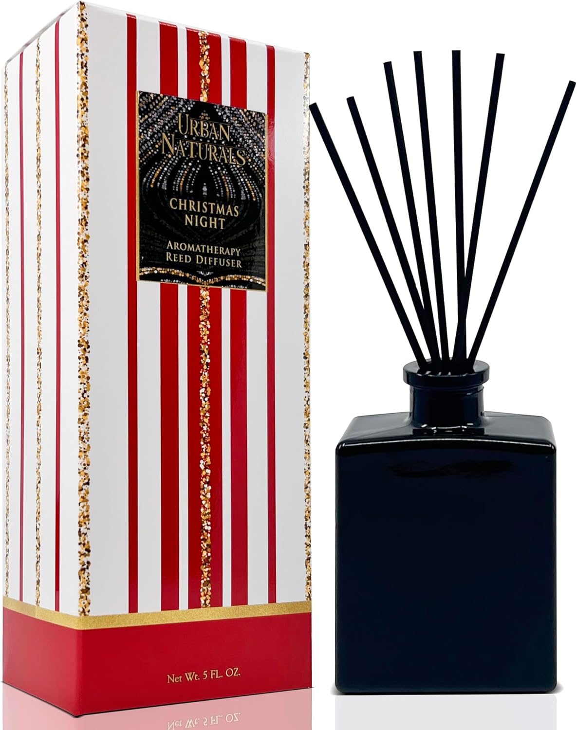 Urban Naturals Smoked Vanilla Reed Diffuser Set with Vanilla Bean, Sandalwood & Leather – 5 Ounce Sleek Black Rectangular Refillable Glass Bottle – Made in the USA