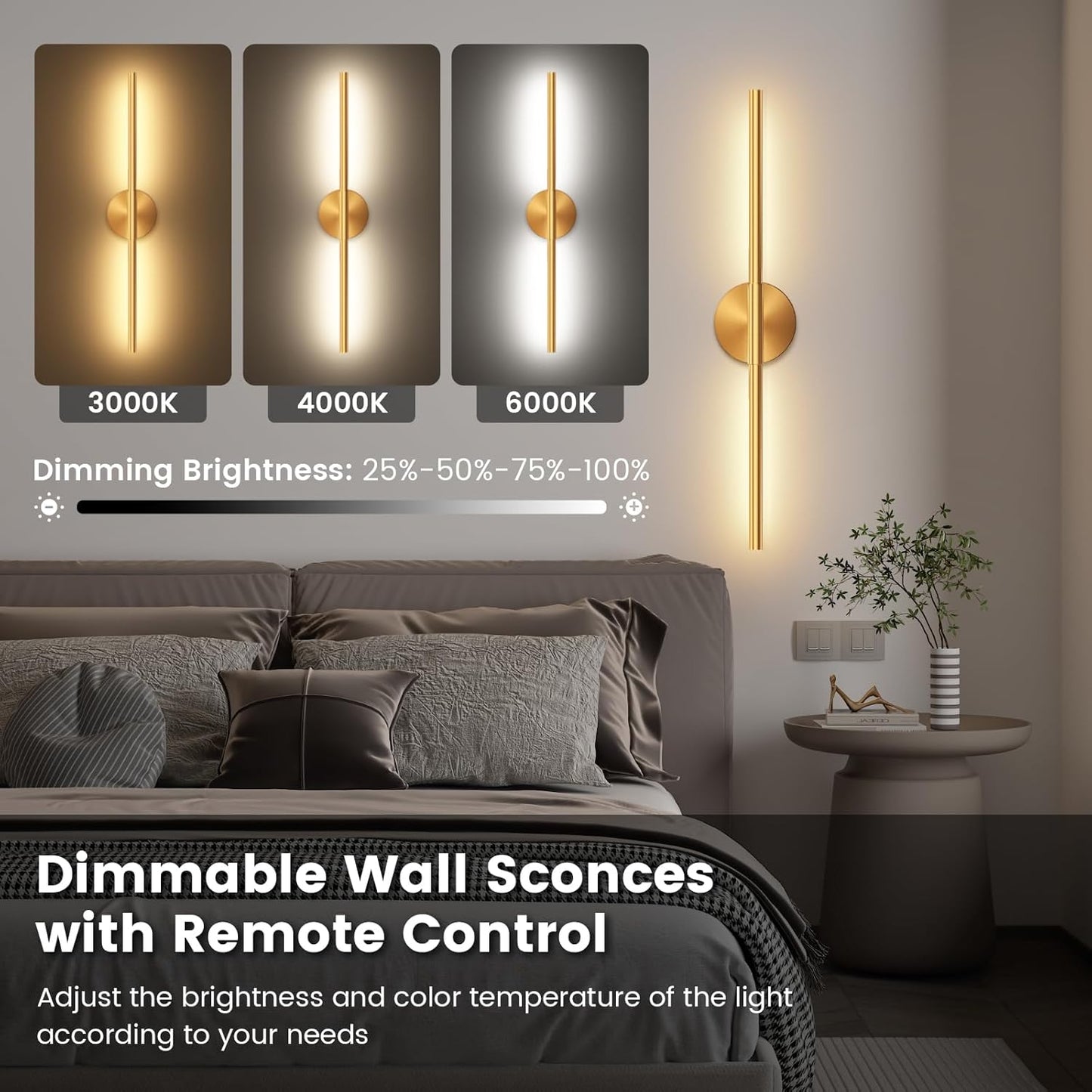 JOFIOS Battery Operated Wall Sconces Set of 2, 360°Rotation Wireless Rechargeable Wall Lights: Dimmable Detachable Wall Lamp with Remote Control, 3000K-6000K Infinite Dimming Wall Sconce 27.6 Inch