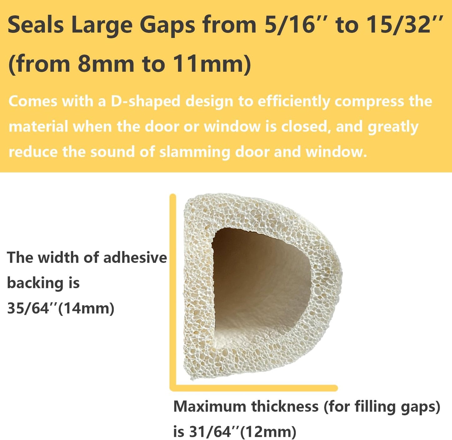 VITAM AMO Weather Stripping Seal Strip for Doors Windows 18 Feet, Self-Adhesive Backing Seals Large Gap (from 5/16 inch to 15/32 inch), Easy Cut to Size