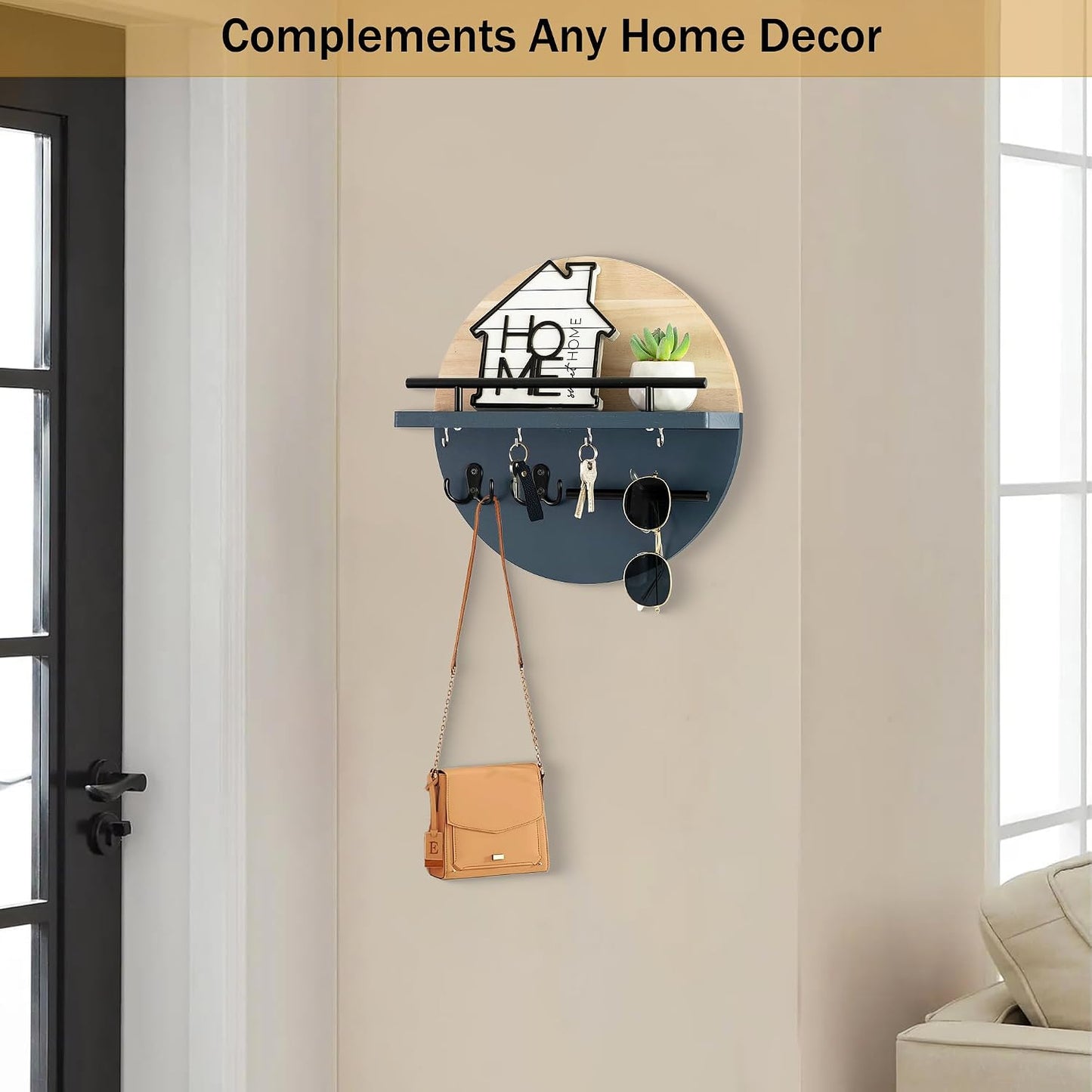 dreampossible Key Holder for Wall Decorative with Shelf and Hooks, Mail Organizer Wall Mount, Circular Design Entryway Key Rack Hanger, Rustic Home Decor (Black)