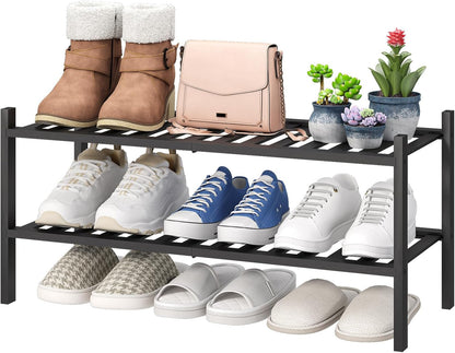 viewcare 3-Tier Black Bamboo Shoe Rack for Entryway, Stackable | Foldable | Natural, Shoe Shelf Storage Organizer for Hallway Closet, Free Standing Shoe Racks for Indoor Outdoor
