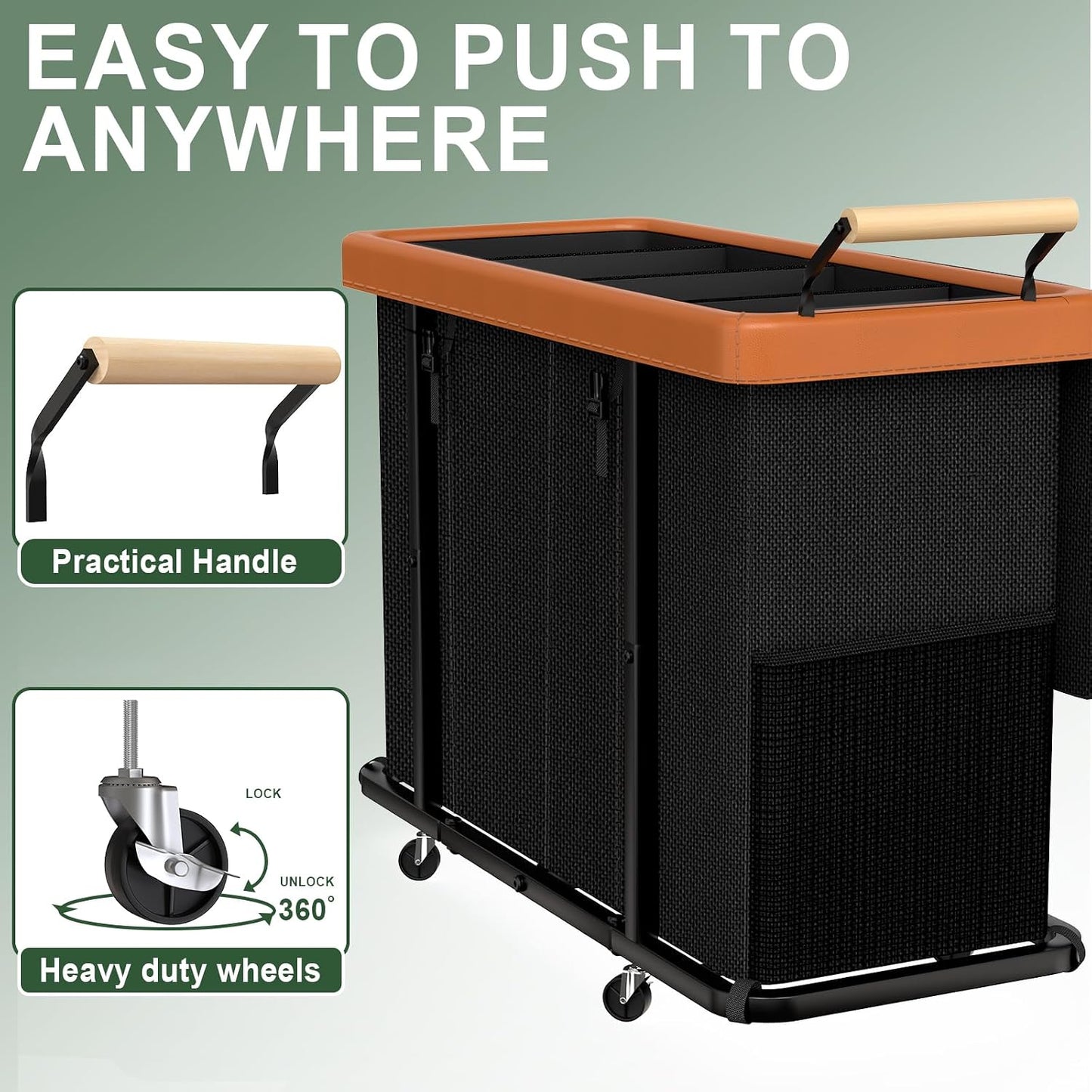 230L (60 Gal) Extra Large Fashion Laundry Sorter 3 Section with Lid, Rolling Laundry Basket Hamper with Handle, Laundry Organizer Storage Cart with Sturdy Metal Frame for Laundry Room, Hotel, White