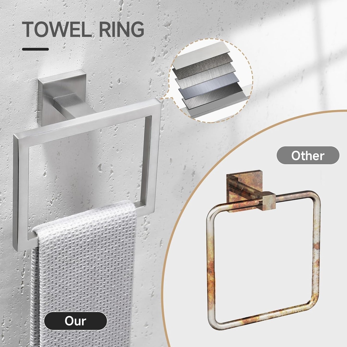 TQKAG Brushed Gold Bathroom Hardware Accessories Set 10 Pieces, 23.6" SUS304 Stainless Steel Towel Bar Set Wall Mounted Includes Single Towel Bar, Towel Ring, Toilet Paper Holder, Double Towel Hooks