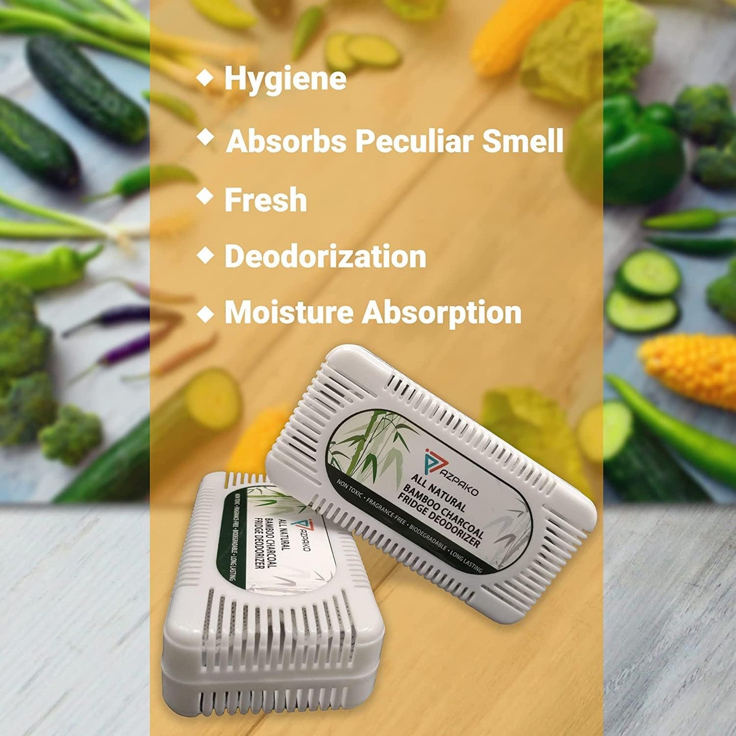 AZPAKO Refrigerator Deodorizer (1 Pack) - Natural Bamboo Activated Charcoal Fridge Deodorizer - Effective Than Baking Soda - Activated Carbon Smell Remover, Fridge and Freezer Odor Eliminator (1)
