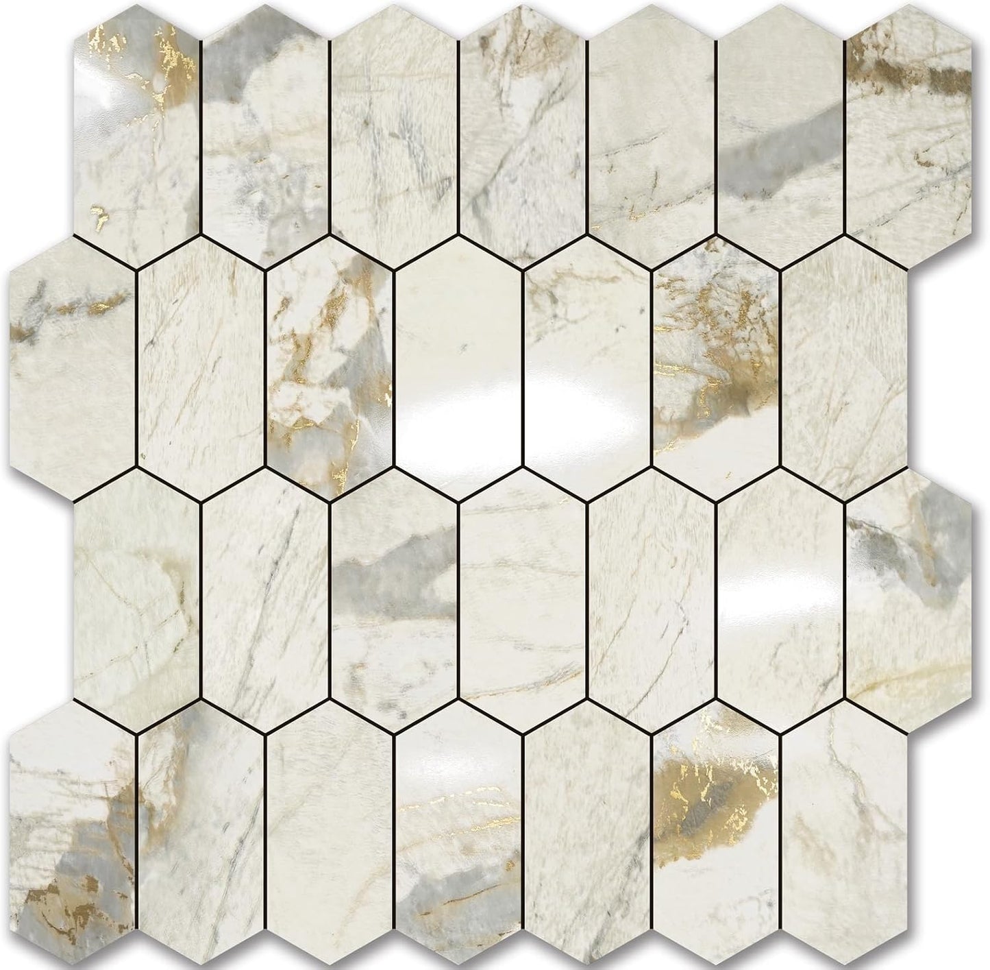 Vamos Tile Long Hexagon Peel and Stick Backsplash Tile - 10 Sheets Stick on Backsplash for Kitchen and Bathroom 12.4 x 12 Inch Glossy Wood Grain PVC Self Adhesive Mosaic Wall Tiles