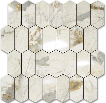 Vamos Tile Long Hexagon Peel and Stick Backsplash Tile - 10 Sheets Stick on Backsplash for Kitchen and Bathroom 12.4 x 12 Inch Glossy Wood Grain PVC Self Adhesive Mosaic Wall Tiles