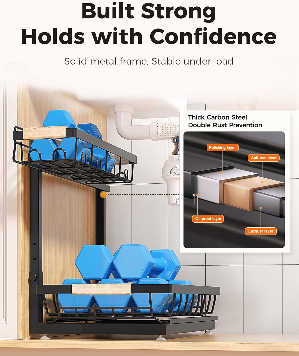 Sevenblue 2-Pack 2-Tier Height Adjustable Under Sink Organizer & Storage | Multi-purpose storage for kitchen & bathroom cabinet. Large black shelf, height adjustable design for space-saving.