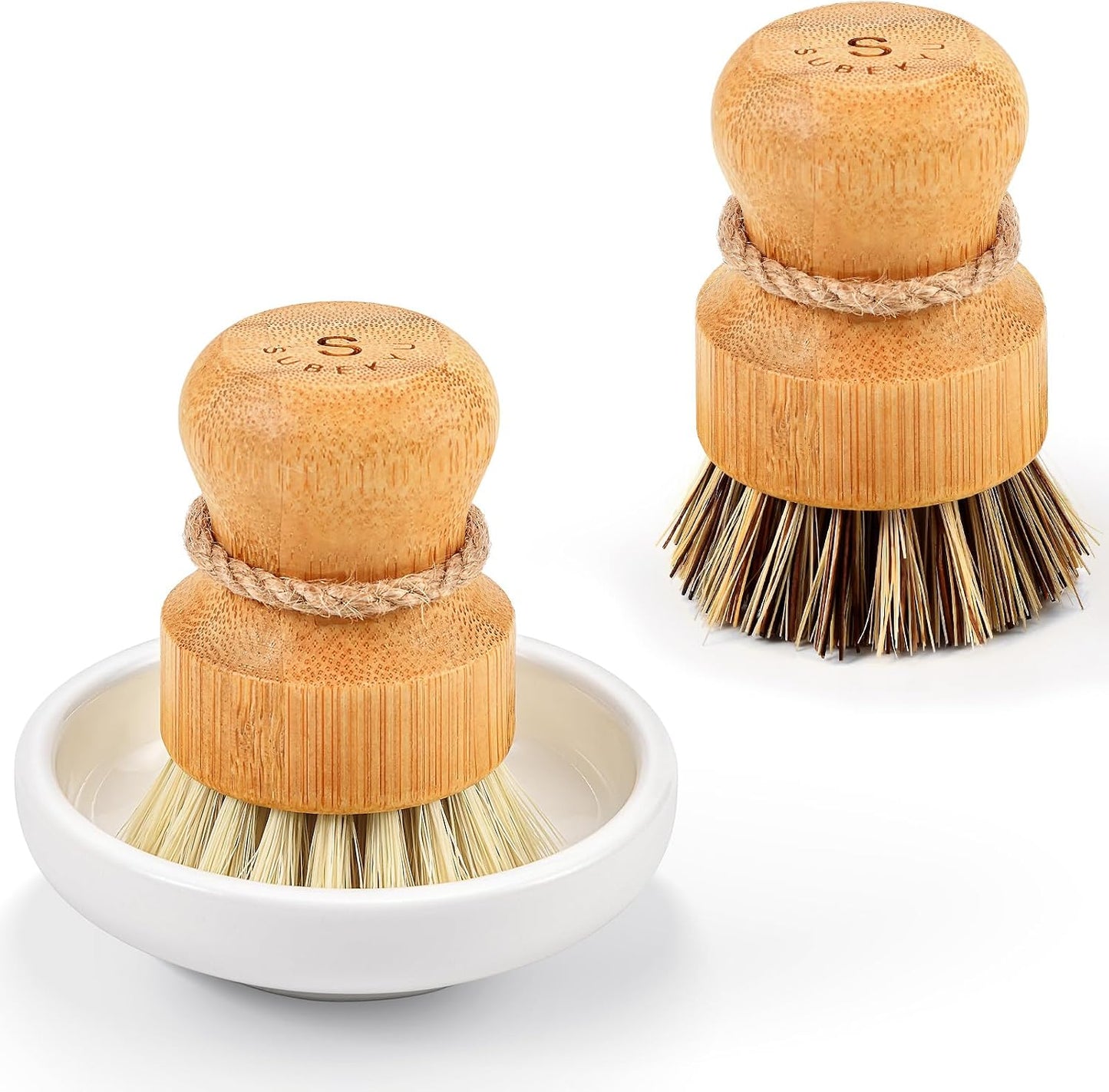 Bamboo Dish Scrub Brushes,Kitchen Wooden Cleaning Scrubbers Set for Washing Cast Iron Pan/Pot, Natural Sisal Bristles, Set of 3