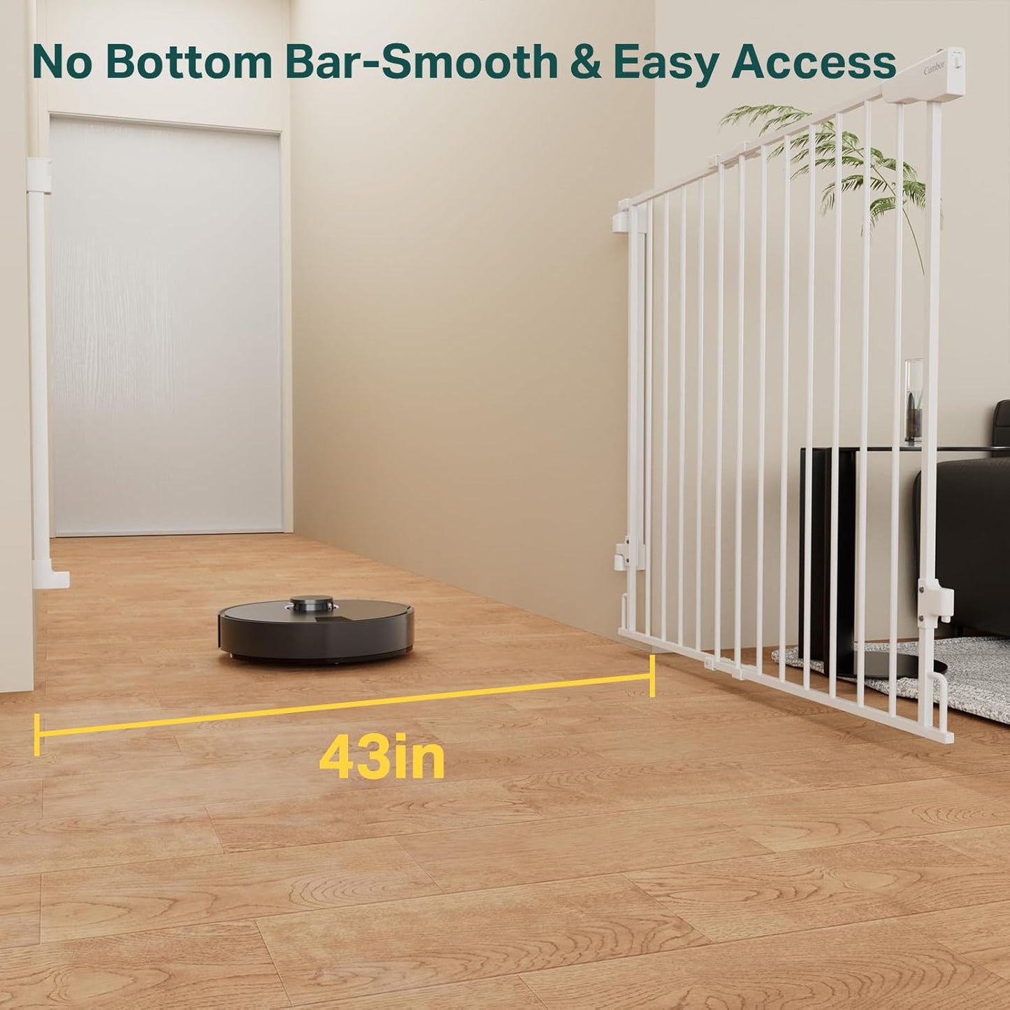 Cumbor 29.2–43" Baby Gate for Stairs, Hardware Mounted (Drill Required), Expandable No Bottom Bar Dog Gate, Auto Close Extra Wide Walk Thru, Pet & Toddler Proof Gate, Top & Bottom of Stairways (White)