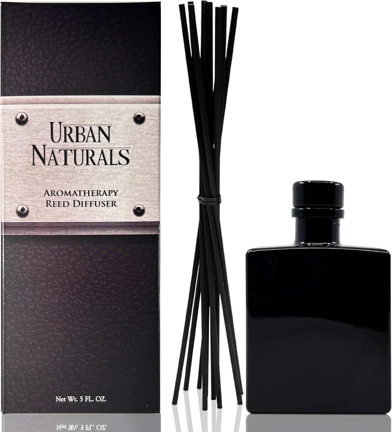 Urban Naturals Smoked Vanilla Reed Diffuser Set with Vanilla Bean, Sandalwood & Leather – 5 Ounce Sleek Black Rectangular Refillable Glass Bottle – Made in the USA