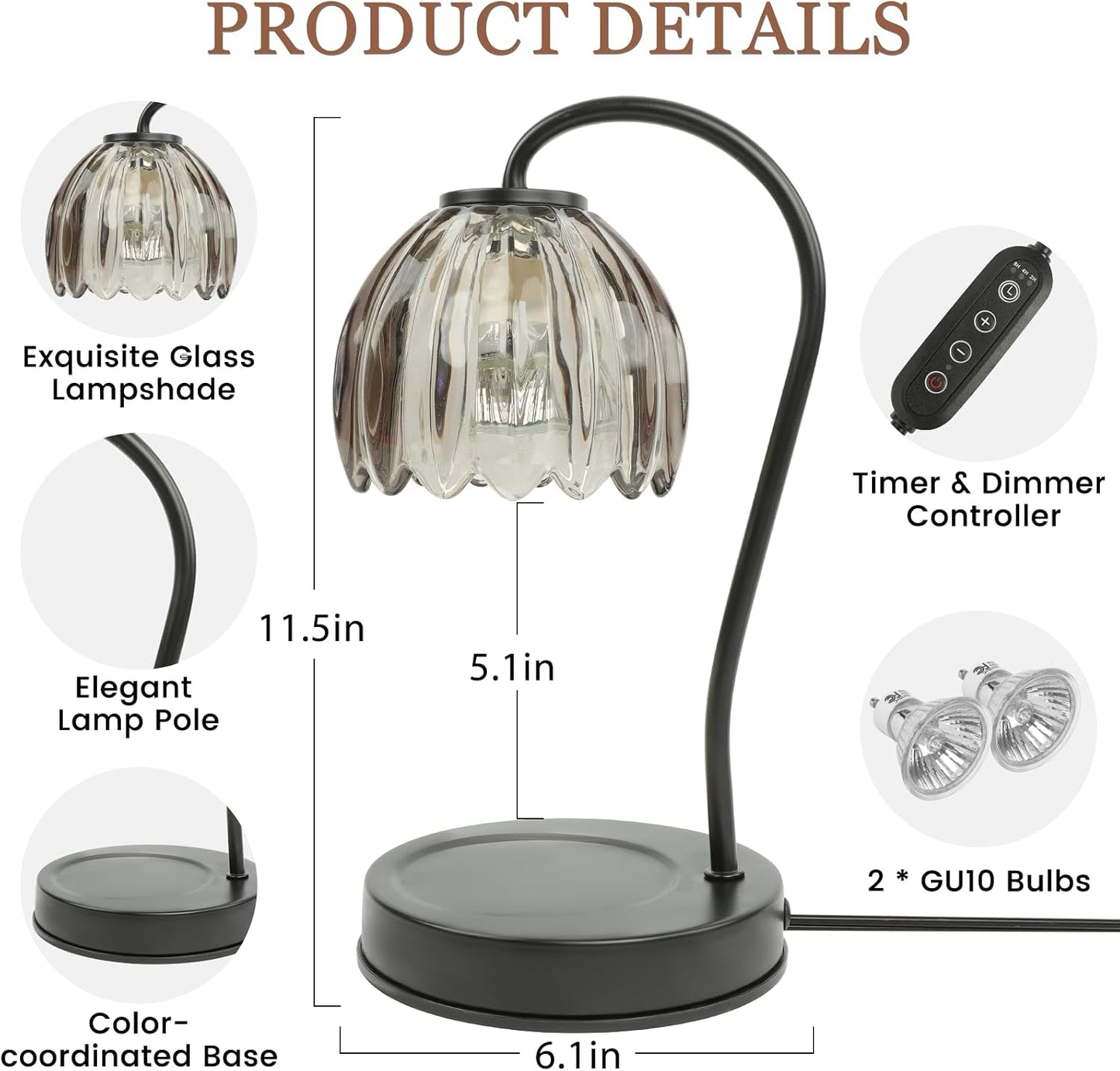 Electric Candle Warmer Lamp with Timer & Dimmer, Gray Tulip Lampshade | For Scented Jar Candle, 2 Bulbs Included, Birthday Gift for Women, House Warming Gifts, Home Office Apartment Decor