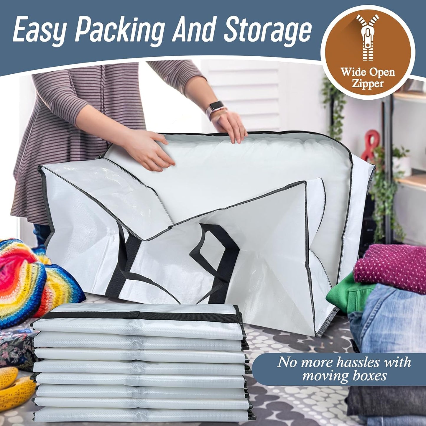 6 Pack Extra Heavy Duty Large Moving Bags with Strong Zipper & Comfortable Handles, Sturdy & Durable Clothes Storage Bags Totes Bins, Blue Packing Moving Boxes for College Supplies, Dark Blue