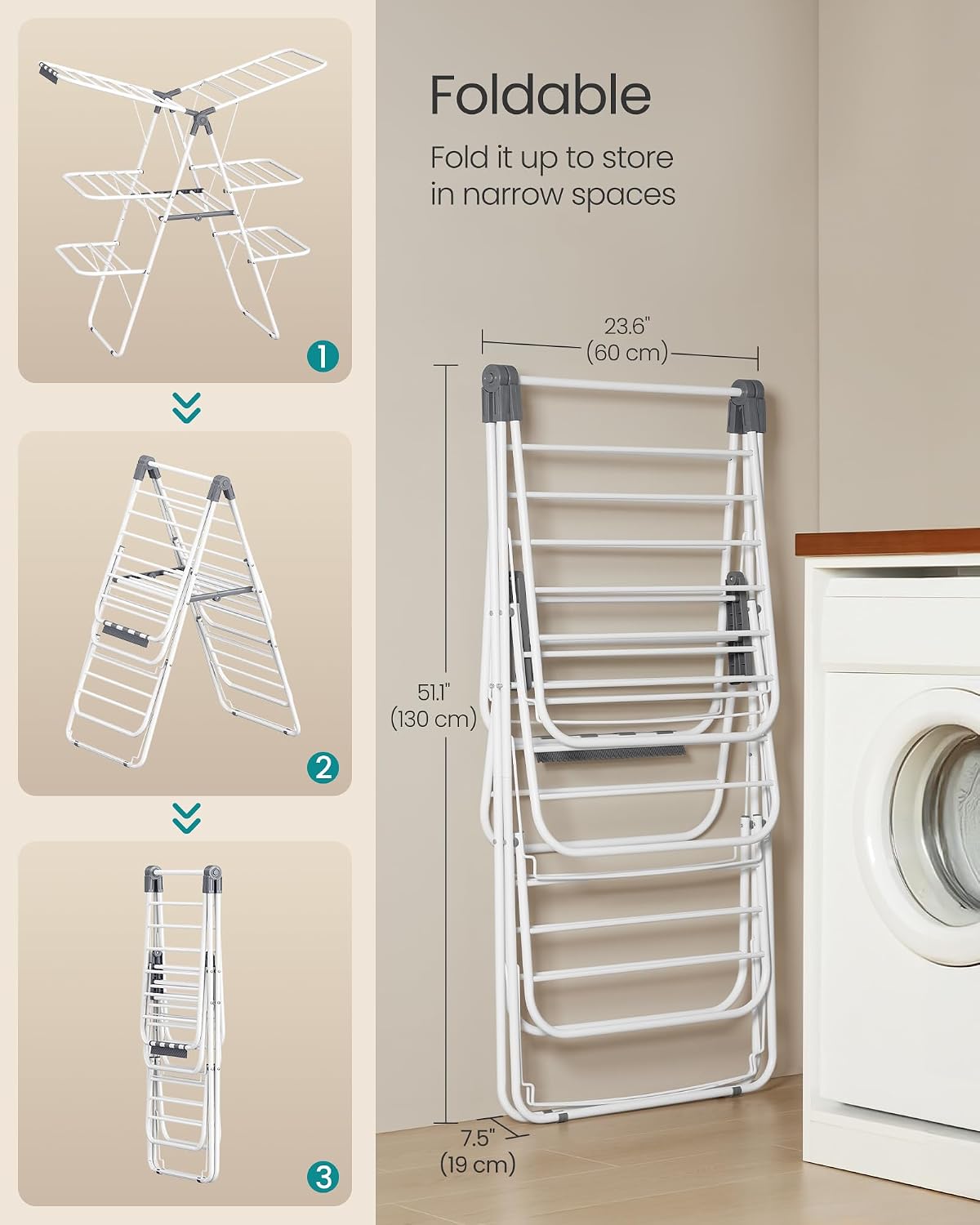 SONGMICS Clothes Drying Rack, Foldable Laundry Drying Rack, Blue | Sock Clips, Metal Clothes Airer with Height-Adjustable Gullwings, Space-Saving, Indoor Outdoor, ULLR505EQ01