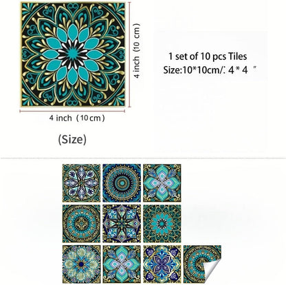 10PCS Peel and Stick Tile Backsplash Stickers, 4"x4" DIY Backsplash Mandala Style Stickers for Kitchen & Bathroom, Self-Adhesive Removable Waterproof Tile Decals for Home Decor