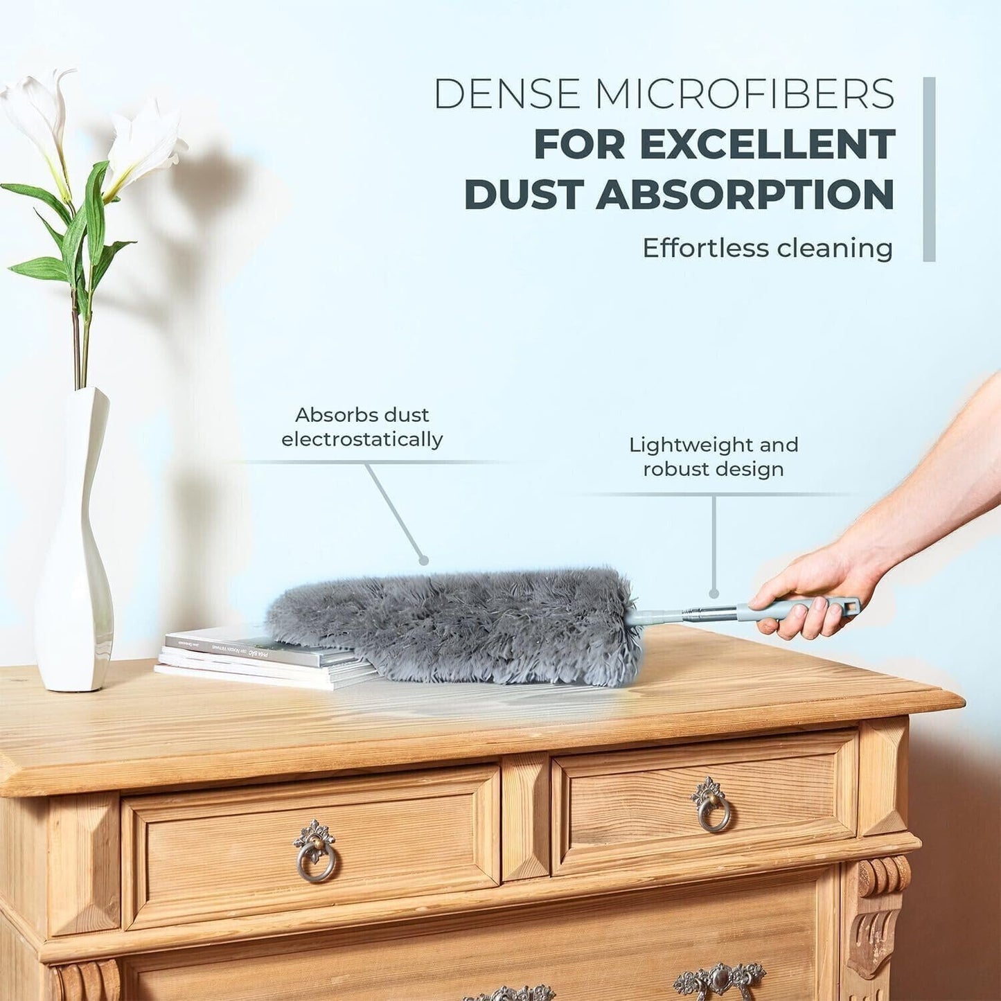Gütewerk Extendable Microfiber Duster, 55 Inch - Feather Dusters for Cleaning Ceiling Fans, Blinds, Baseboards & High Ceilings - Washable, Electrostatic, 360° Bendable Head, Stainless Steel Pole