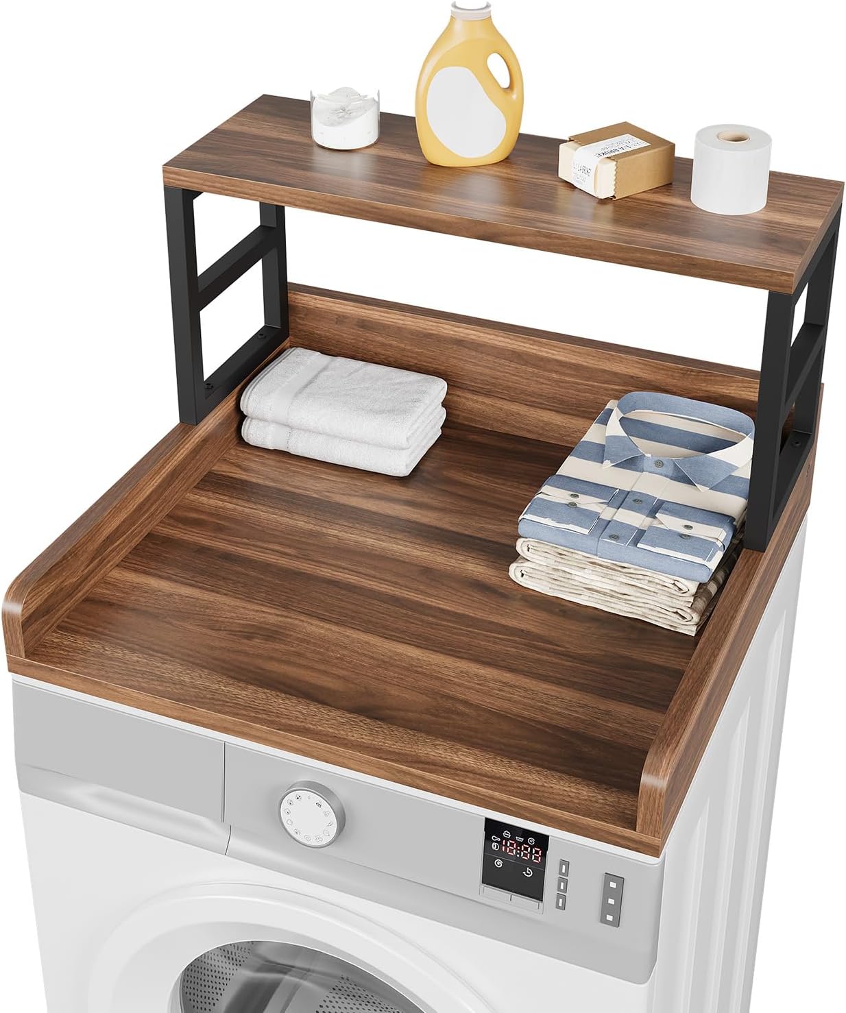 Washer Dryer Countertop with Shelf, 23.62″D x 23.62″W x 16.57″H, Countertop for Washer and Dryer Top with Non-Slip Pads and Edge Rails, Laundry Room Storage and Organization(Black)