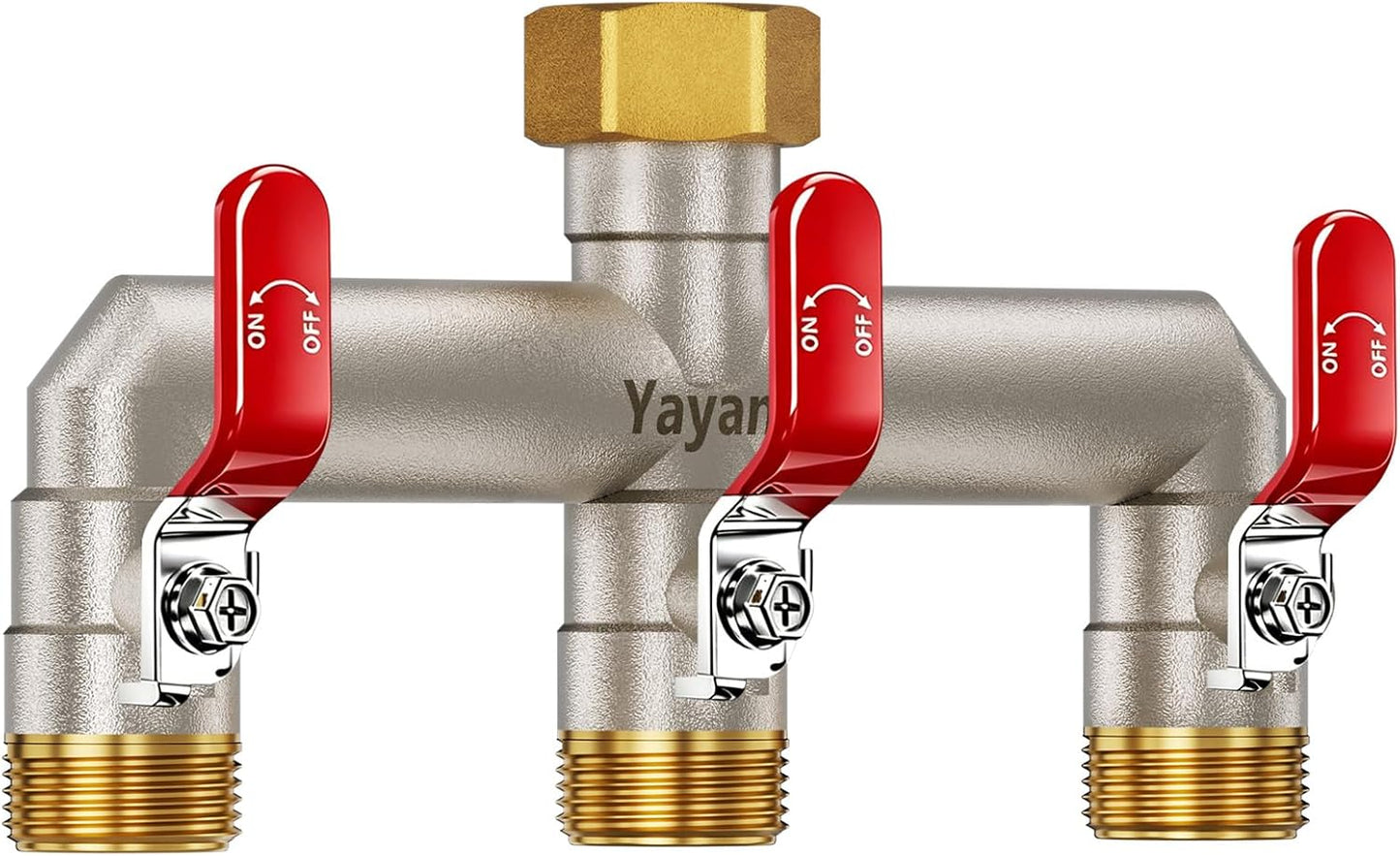 Garden Hose Splitter 3-Way, Heavy Duty Brass Hose Splitter | Outdoor Water Spigot Splitter, Full Flow, Long Handles, Shut-off Valves, Wide Spacing Fit Large Timer