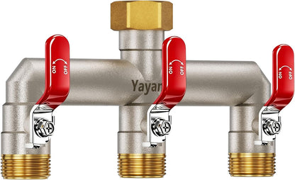 Garden Hose Splitter 3-Way, Heavy Duty Brass Hose Splitter | Outdoor Water Spigot Splitter, Full Flow, Long Handles, Shut-off Valves, Wide Spacing Fit Large Timer
