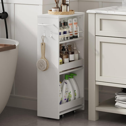 ChooChoo 4-Tier Slim Storage Cart, 7.87 inches Wide Narrow Storage Cabinet with 360° Wheels and 2 Hooks, Space-Saving Organizer for Kitchen, Narrow Places, Dining Room, Walnut+White