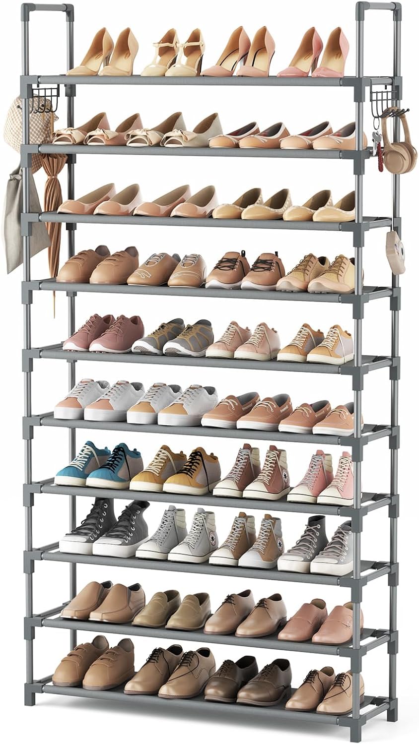 VTRIN 10 Tiers Tall Shoe Rack Holds 20-25 Pairs of Shoes Sturdy Vertical Shoe Organizer with 18pcs Hooks Stackable Narrow Shoe Rack for Closet, Entryway Black