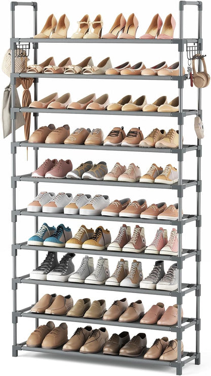 VTRIN 10 Tiers Tall Shoe Rack Holds 20-25 Pairs of Shoes Sturdy Vertical Shoe Organizer with 18pcs Hooks Stackable Narrow Shoe Rack for Closet, Entryway Black