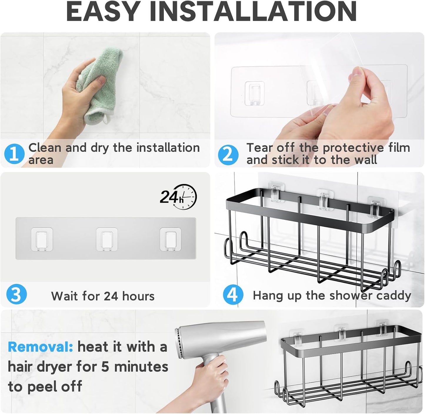 Shower Caddy Adhesive Replacement Flat, Transparent Adhesive Hooks | No Drilling, Waterproof, for Shower Caddy, Strong Bathroom Storage Shelves and Kitchen Racks (Double*8pcs + Single*4pcs)