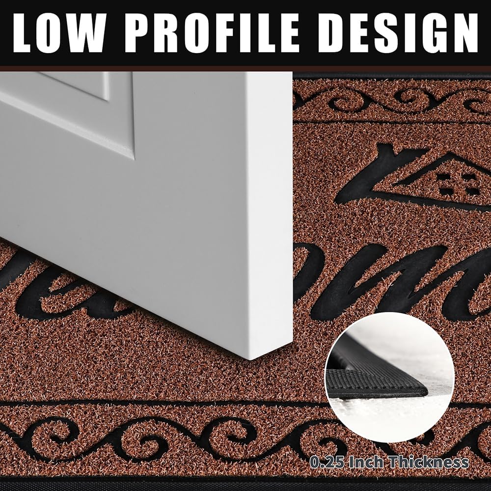 Yimobra Welcome Mat, Heavy Duty Sturdy Door Mats for Home Entrance Outdoor Indoor, Front Doormat for Outside Patio Floor Entry Porch Garage Office, Waterproof, Low Profile, 29.5x17, Black Grey