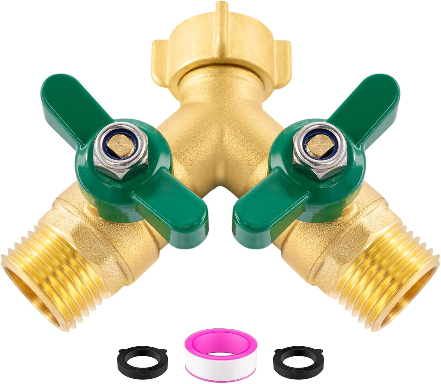 Heavy Duty Garden Hose Splitter 2 Way, Brass Full Flow Y Hose Splitter with Thickened Easy-Turn Handle, 3/4" GHT Outdoor Faucet Connector with Shut-Off Valves