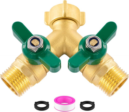 Heavy Duty Garden Hose Splitter 2 Way, Brass Full Flow Y Hose Splitter with Thickened Easy-Turn Handle, 3/4" GHT Outdoor Faucet Connector with Shut-Off Valves