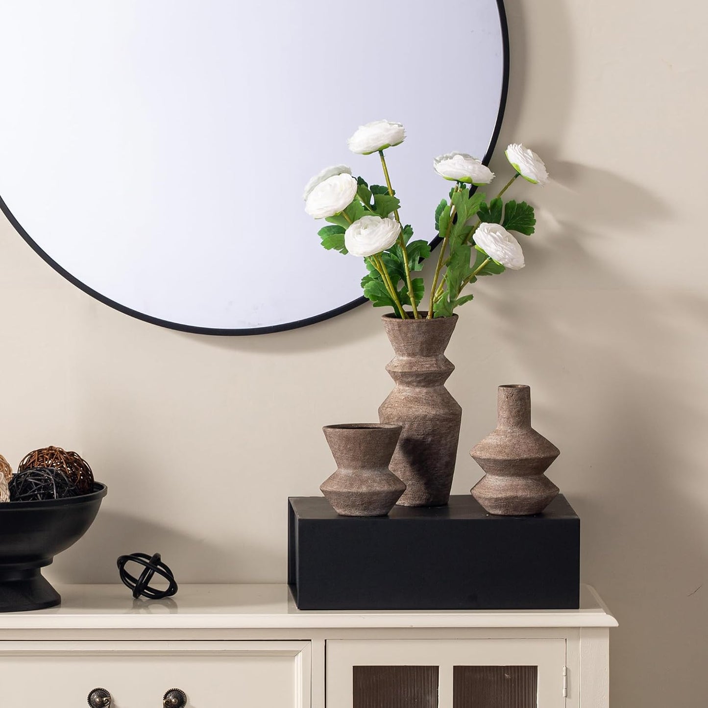 Ceramic Vase Home Table Decor - Flower Vase Set of 3 Living Room Kitchen Decorations Farmhouse Modern Rustic Vases Decorative Centerpiece for Shelf Bedroom Office Bathroom Dining Coffee Desk