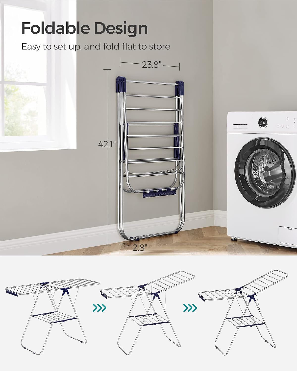 SONGMICS Clothes Drying Rack, with Sock Clips, Metal Laundry Rack, Foldable, Space-Saving, Free-Standing Airer, with 2 Height-Adjustable Gullwings, Indoor Outdoor Use, Gray ULLR052G01