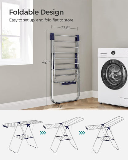 SONGMICS Clothes Drying Rack, with Sock Clips, Metal Laundry Rack, Foldable, Space-Saving, Free-Standing Airer, with 2 Height-Adjustable Gullwings, Indoor Outdoor Use, Gray ULLR052G01