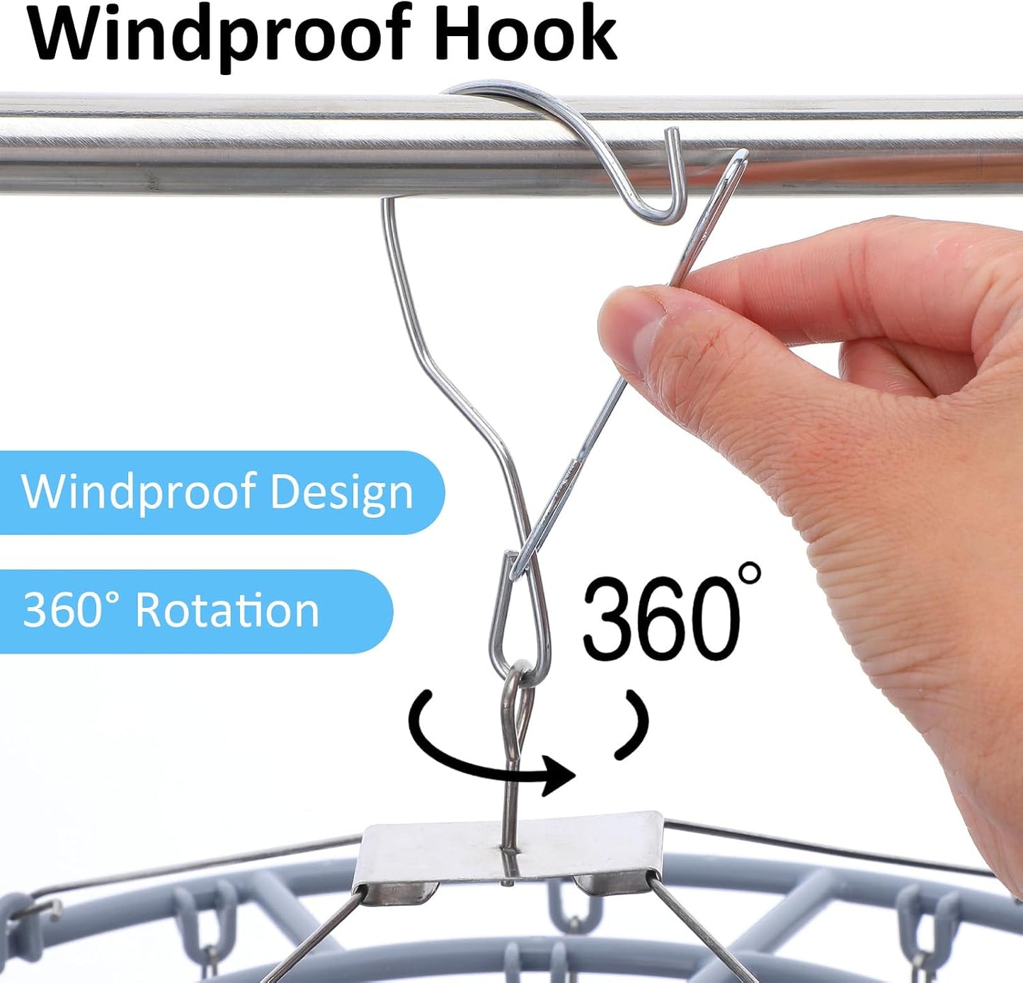 2-Pack Stainless Steel Round Hanging Drying Rack with 48 Clips, Heavy Duty Clothe Drying Rack with Windproof Hook for Socks, Bras, Underwear, Towels, Hats & Laundry Accessories (Blue & Gray)