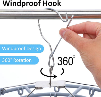 2-Pack Stainless Steel Round Hanging Drying Rack with 48 Clips, Heavy Duty Clothe Drying Rack with Windproof Hook for Socks, Bras, Underwear, Towels, Hats & Laundry Accessories (Blue & Gray)