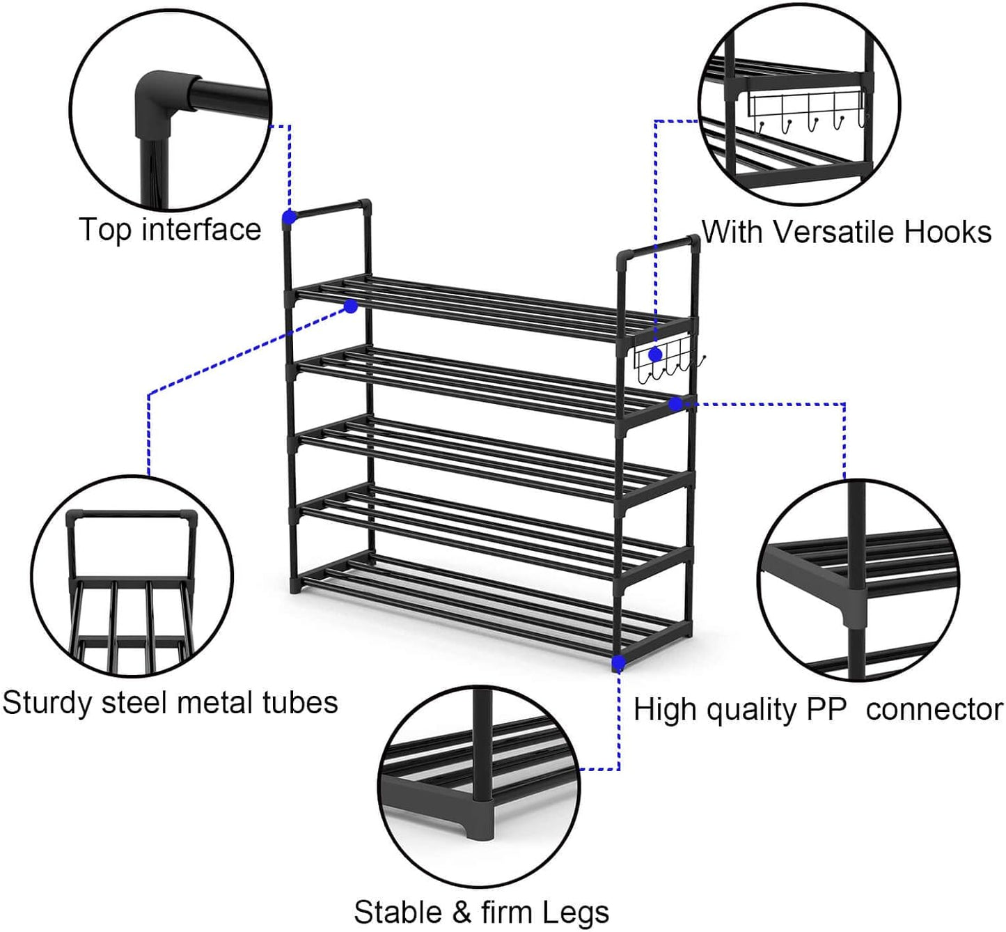 Hsscblet 5 Tiers Metal Shoe Rack,Adjustable Shoe Shelf Storage Organizer with Hooks,Stackable Boot & Shoe Storage,for Entryway,Hallway,Closet,Black
