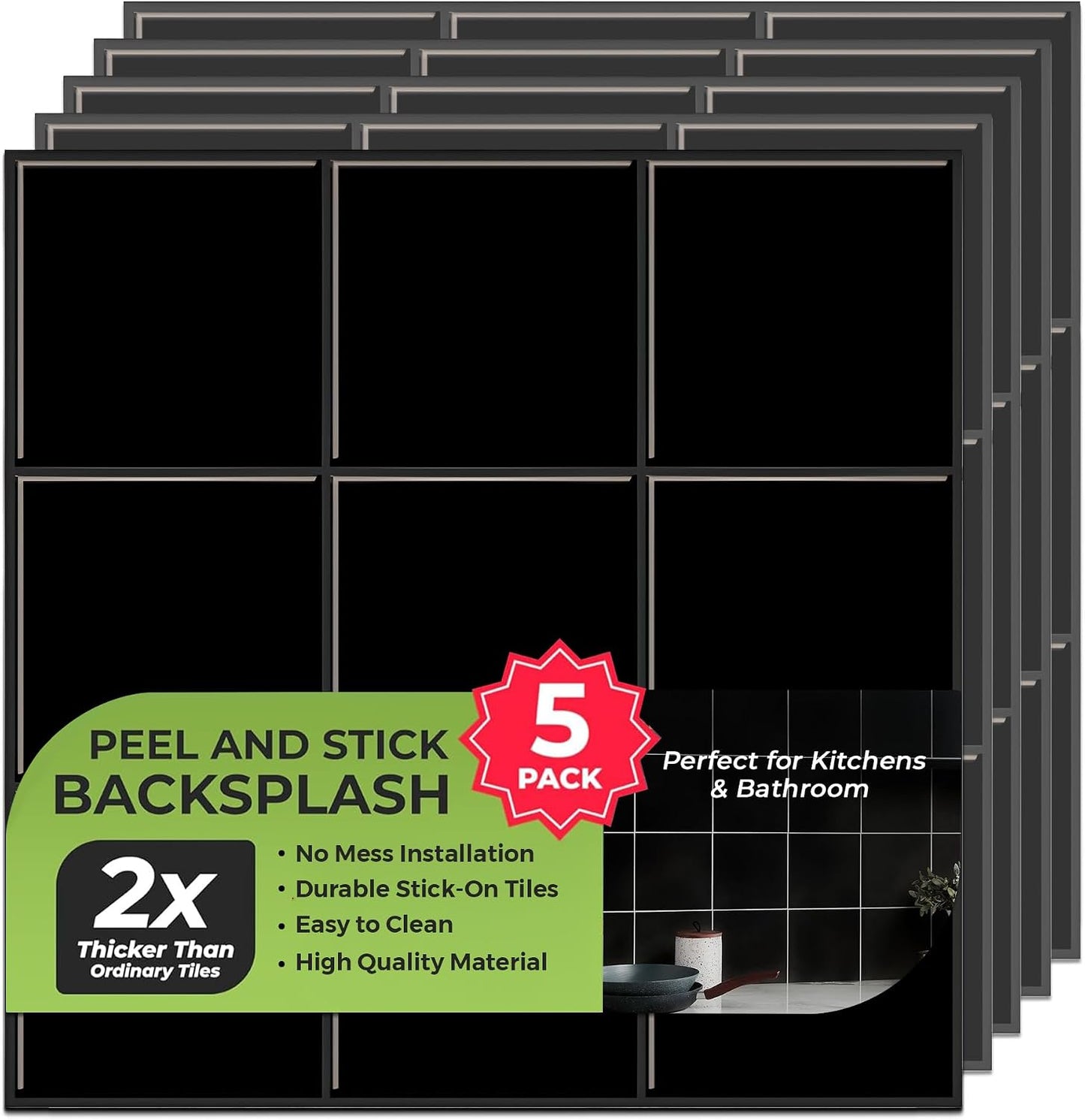 Peel and Stick Subway Backsplash Tiles, 5 Pack, 12 x 12 in, Almond | extra thick 3D wall panels, heat and water resistant wall panels, easy DIY kitchen, bathroom, laundry, fireplace wall décor